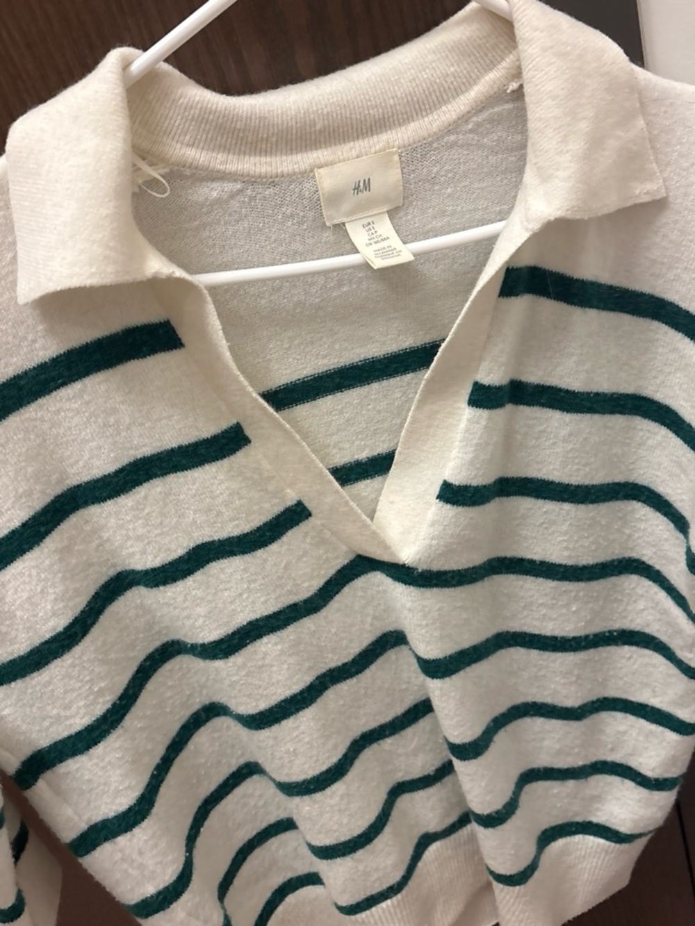 H&M Cream V-Neck Polo Sweater with Green Stripes